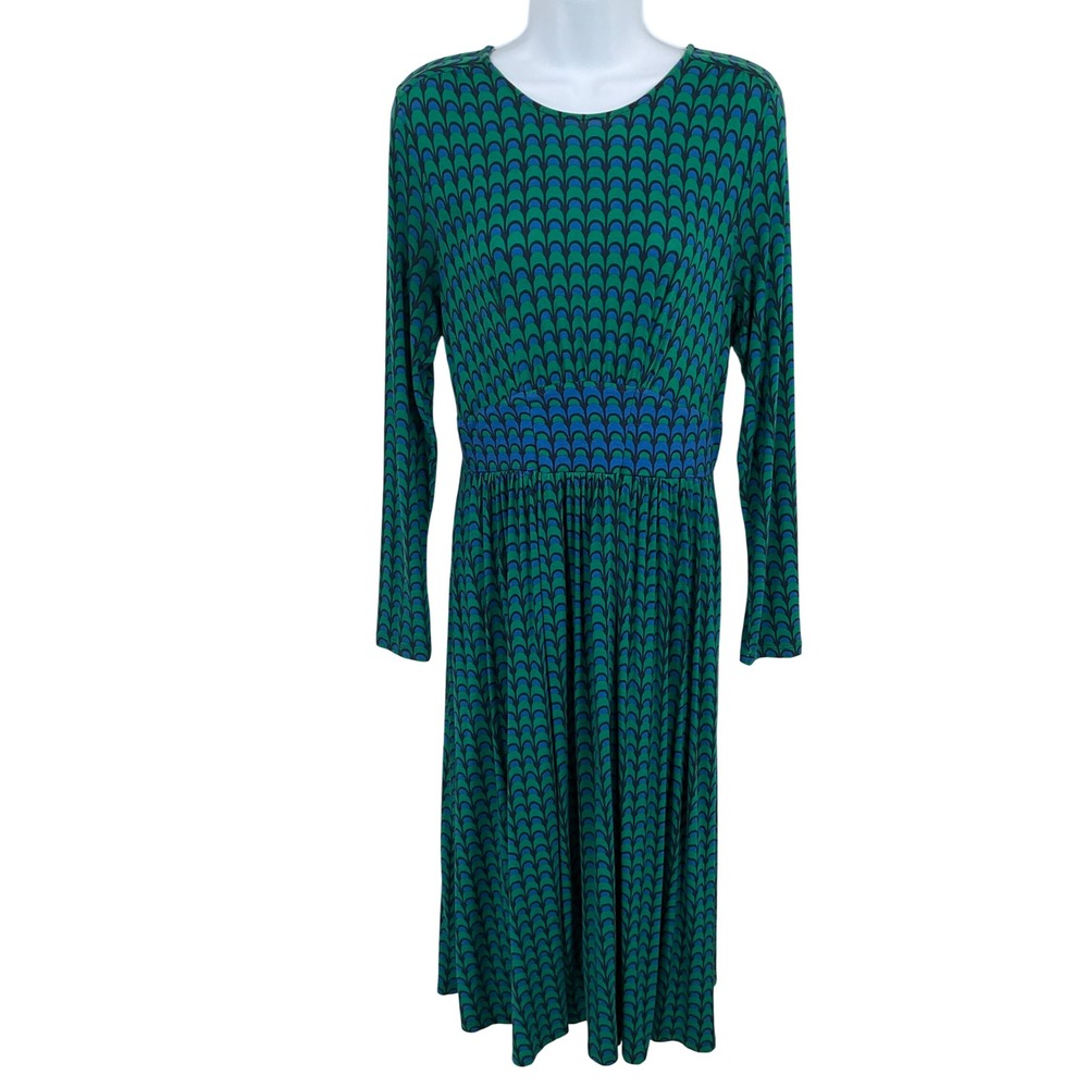 Boden Midi Dress Women 10P Green Blue Geometric Fan Print Long Sleeve‎ 70s Style